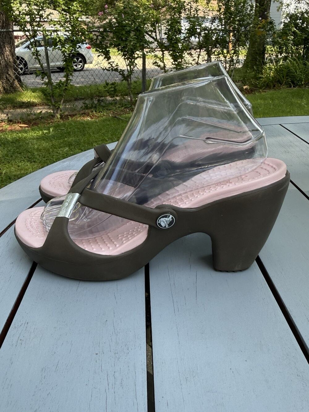Crocs Women Cyprus Brown Pink Strappy Block Heel Platform Sandals Comfort Size 9